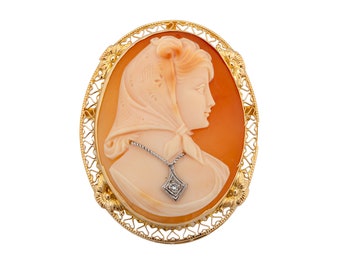 Vintage Cameo Gesneden Shell Diamond Broche 14K Geel Goud 0.03 CTW Dames Natuurlijke Ronde Geslepen Diamant