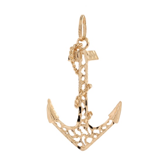 Anchor Charm Pendant 14K Yellow Gold Filigree 2" … - image 1