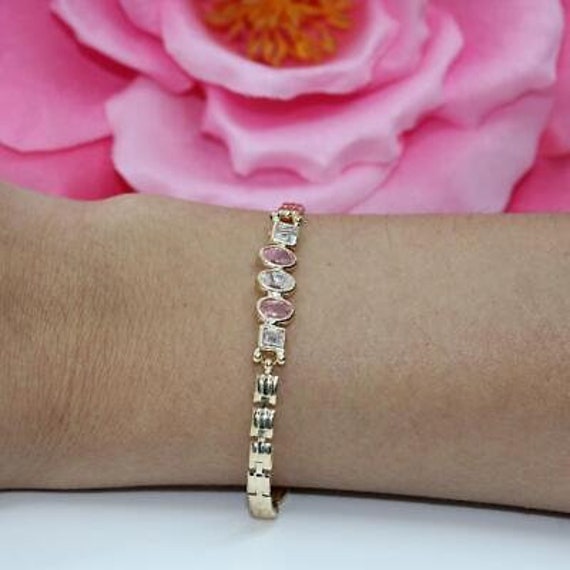 Vintage Pink White Glass Stone Fancy Chain Bracel… - image 2