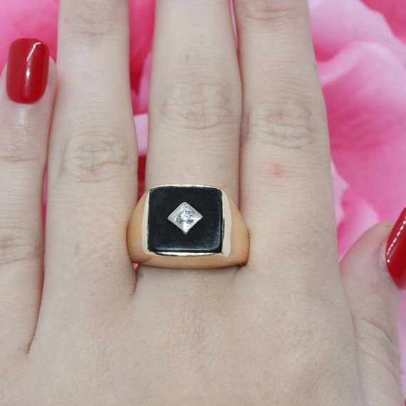 Men's Black Onyx Diamond Signet Ring 10K Yellow G… - image 2