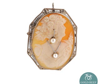Antieke camee broche parel hanger 14K witgouden lijst dames gesneden pin