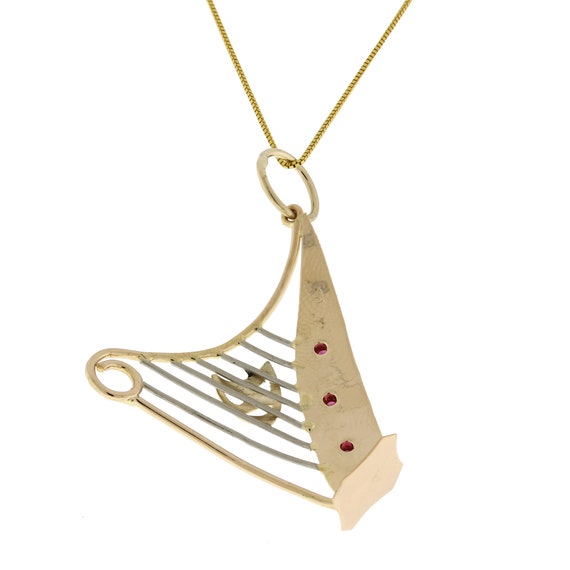 Musical Harp Pendant Charm 14K Yellow Gold Pink S… - image 3