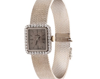 Dames Omega Diamond Horloge 18K Bark Geborsteld Wit Goud 1.15 CTW Mechanisch 7"