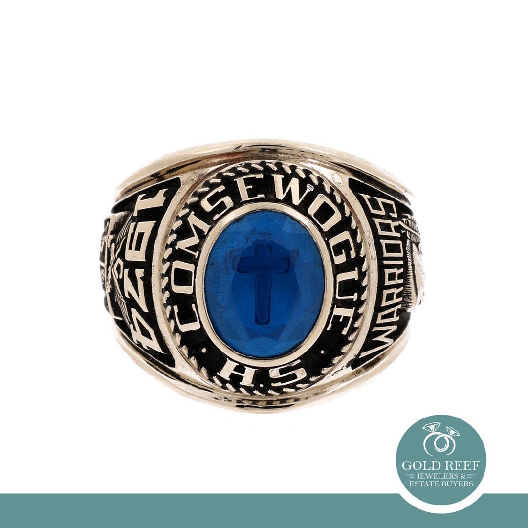 Men's Class Ring Comsewogue High School 10K Yellow Gold Blue Spinel Gem