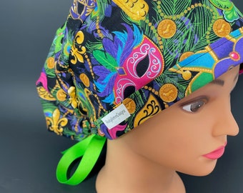 themeprint Surgical Bouffant Hat MARDI GRAS Icons wLime Brim Handmade.