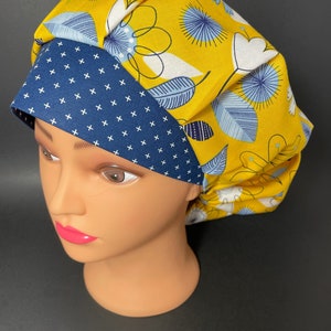 Yellow Blue Calico Bouffant Surgical Hat Scrub Cap OR Surgeon Dental Nurse Techs Hair Cover Caps Vet Chemo RDH RockyBottomDesigns
