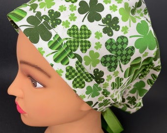St Patricks Day 4 Leaf Clovers Surgical Ponytail Scrub Hat OR Scrub Cap Surgeon Chemo Chef Dental ER Health Care ICU RockyBottomDesigns