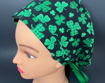 Clovers on Black St Partick's Day Surgical Ponytail Scrub Hat OR Surgeon Scrub Cap RDH Health Care Chef Dental Nurse  RockyBottomDesigns