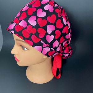 Tossed Hearts on Black Valentines Day Surgical Ponytail Scrub Hat OR Surgeon Scrub Cap RDH Health Care Chef Dental Nurse  RockyBottomDesigns