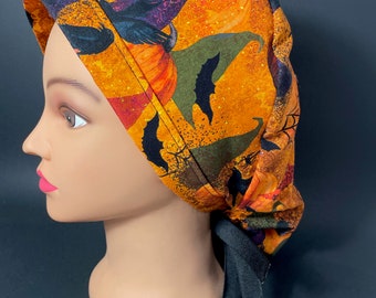 Pumpkins Crows and Witches Hat Halloween Surgical Scrub Hats, Scrub Caps,