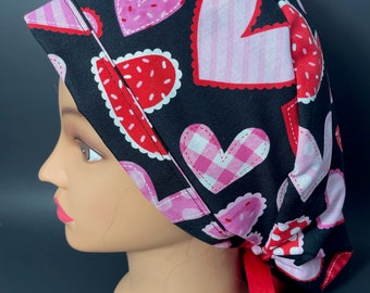 Heart Patterns Valentines Day Surgical Ponytail Scrub Hat OR Surgeon Scrub Cap RDH Health Care Chef Dental Nurse  RockyBottomDesigns2022