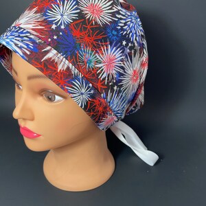 Patriotic Fireworks Surgical Ponytail Scrub Hat OR Scrub Cap Surgeon Chemo Chef Dental ER Hair Net ICU Physicians Asst RockyBottomDesigns
