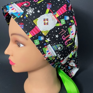 Gnomes Bearing Gifts Christmas Surgical Ponytail Scrub Hat OR Surgeon Cap Nurse Chefs Doctor RDH Hat RottomBottomDesigns