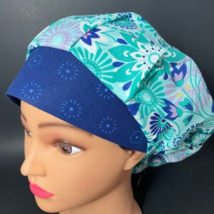 Teal Floral Surgical Hat Scrub Cap  OR Surgeon RDH Dentist Nurse Cap Physicians Techs Vet Chemo Hair Covering RockyBottomDesigns Navy Brim