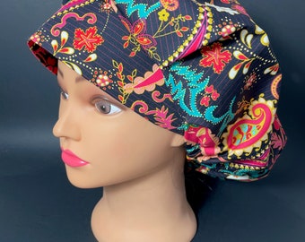 Green Paisley with  Paisley BrimBouffant Surgical Hat Scrub OR Surgeon Cap  Hair Cover ICU RockyBottomDesigns Red Star Brim