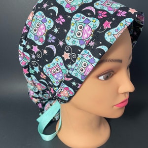 Happy Nite Owls Surgical Ponytail Scrub Hat OR Surgeon Scrub Cap RDH Health Care Chef Dental Nurse  RockyBottomDesigns