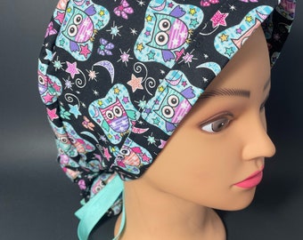 Happy Nite Owls Surgical Ponytail Scrub Hat OR Surgeon Scrub Cap RDH Health Care Chef Dental Nurse  RockyBottomDesigns