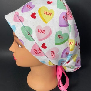 Conversation Hearts Valentines Day Surgical Ponytail Scrub Hat OR Surgeon Scrub Cap RDH Health Care Chef Dental Nurse  RockyBottomDesigns