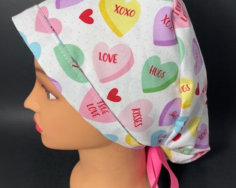 Conversation Hearts Valentines Day Surgical Ponytail Scrub Hat OR Surgeon Scrub Cap RDH Health Care Chef Dental Nurse  RockyBottomDesigns