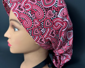 Pink Hearts Ponytail Scrub Hat - Valentine's Day Surgical Cap