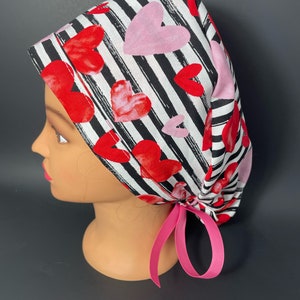 Hearts and Stripes Valentines Day Surgical Ponytail Scrub Hat OR Surgeon Scrub Cap RDH Health Care Chef Dental Nurse  RockyBottomDesigns2022