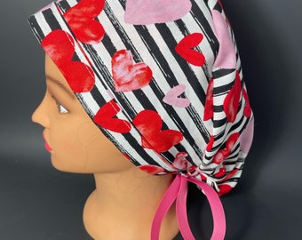 Hearts and Stripes Ponytail Scrub Hat, Valentine's Day Surgical Cap