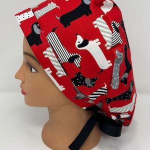 Dachshund Dog Surgical Ponytail Scrub Hat OR Surgeon Scrub Cap RDH Health Care Chef Dental Nurse Red Black White Hat RockyBottomDesigns