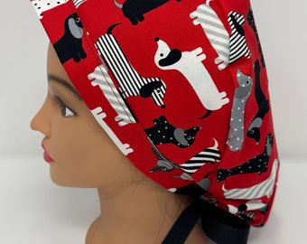 Dachshund Dog Surgical Ponytail Scrub Hat OR Surgeon Scrub Cap RDH Health Care Chef Dental Nurse Red Black White Hat RockyBottomDesigns