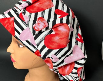 Stripes & Hearts Valentine Day Bouffant Surgical Hat Scrub Cap OR Surgeon  Dentist  Hair Covering Nurse Techs Vet  RDH RockyBottomDesigns