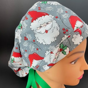Holly Jolly  Santa Faces Christmas Surgical Ponytail Scrub Hat OR Surgeon Cap Nurse Chefs Doctor RDH Hat RottomBottomDesigns