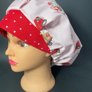 Vintage Truck with Red Heart Brim Valentines Day Surgical Bouffant  Scrub Hat OR Surgeon Scrub Cap RDH Dental Nurse  RockyBottomDesigns