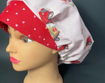 Vintage Truck with Red Heart Brim Valentines Day Surgical Bouffant  Scrub Hat OR Surgeon Scrub Cap RDH Dental Nurse  RockyBottomDesigns