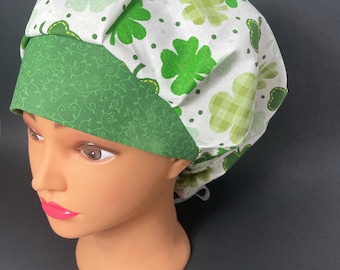 Clover on White  St Patrick's Day Bouffant Surgical Hat Scrub Cap OR Surgeon Dental Hair Covering Nurse Techs Vet  RDH RockyBottomDesigns