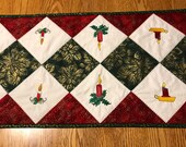 Quilted Table Runner Topper. Home made. Cotton. Christmas Design. Embroidered Xmas Candles.