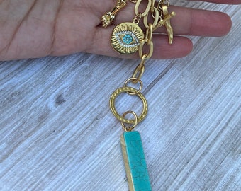 Turquoise lariat necklace with mix gold charms.Gold chunky chain,evil eye, turquoise stone,figa charm,good luck necklace,gold lariat.