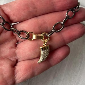 Gunmetal and gold necklace with pave gold horn, choker with gold cz charm,gunmetal and gold,mixed metals necklace for woman .