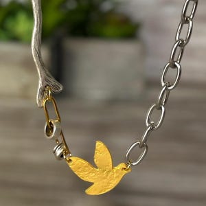 Bird necklace,chunky chain with bird pendant,mixed metals bird necklace,handmade bird and branch necklace for women .