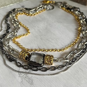 Soldered crystal necklace,multi strand statement necklace,soldered charm,layered mixed metal chain necklace.