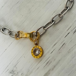 Mixed metal necklace with gold cz charm, chunky chain choker with gold cz charm,Silver and gold,Stainless steel necklace for woman .