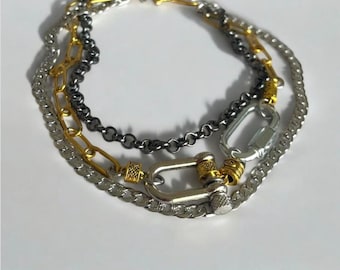 Collar de cadena llamativo, collar de múltiples hebras, gargantilla de cadena de 3 colores, gargantilla de metal mixto, gargantilla gruesa de oro y plata, joyería vanguardista.