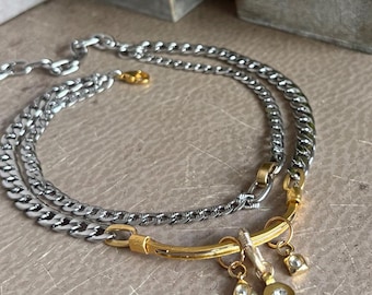 Mixed Metal Chain Necklace, Gold Bar with Crystal Charms, Stainless Steel