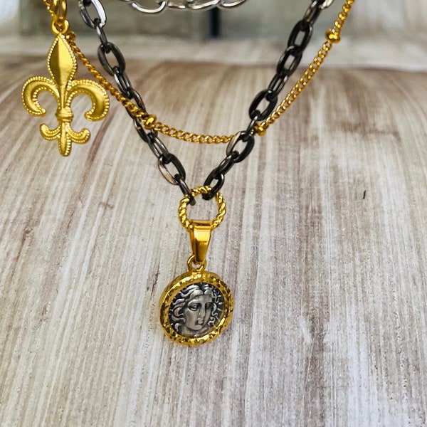 Silver gold and gunmetal multilayer necklace,versatile, necklace with coin and fleur de lis, wear long or short,multistrand necklace