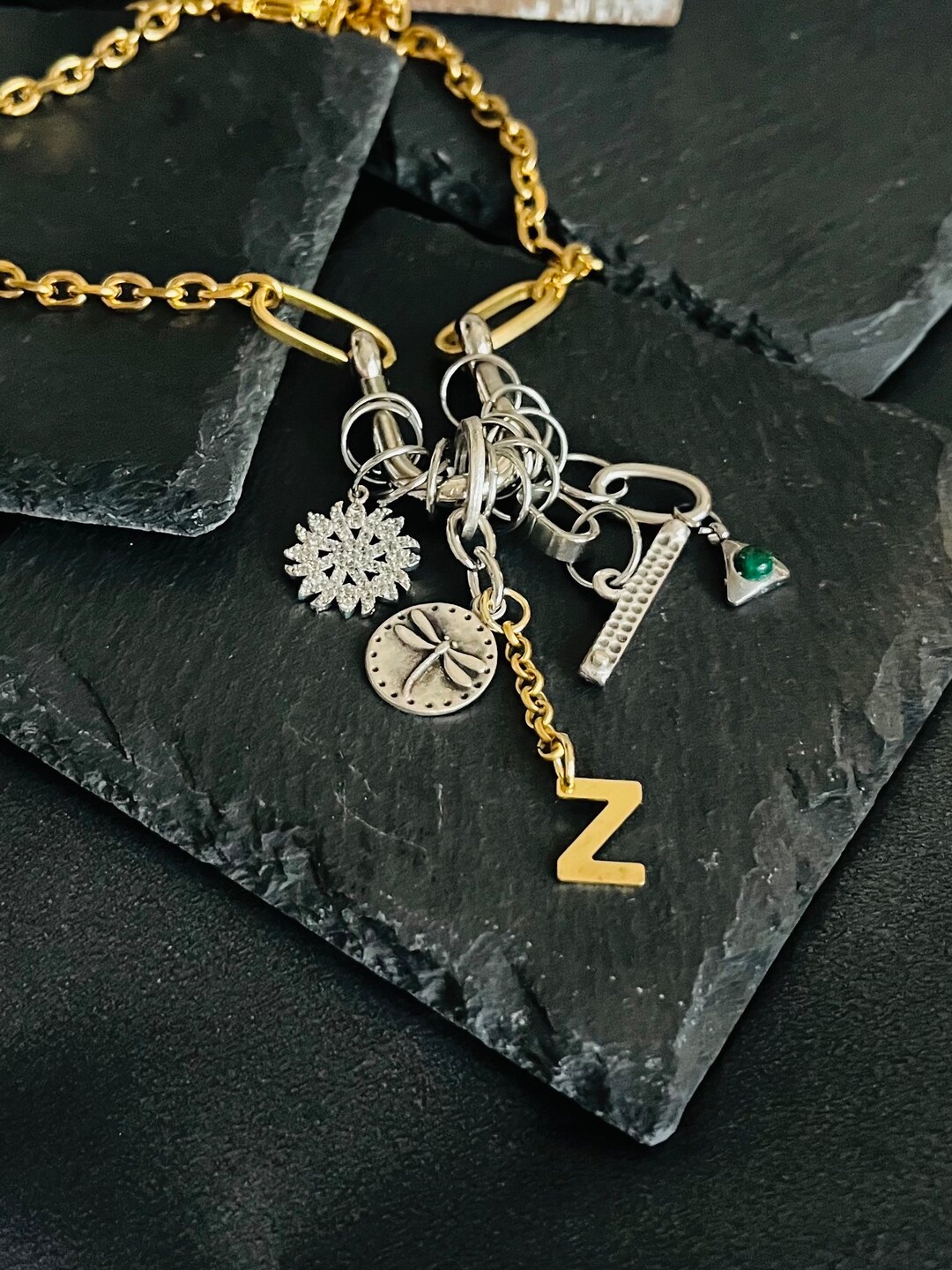 Personalized Multi Charm Gold Chain With Antique Silver Charms - Etsy