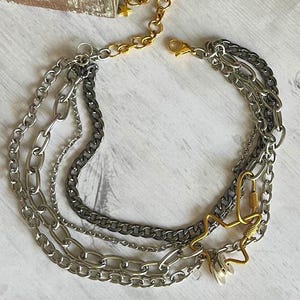 Star multi strand  necklace,carabiner statement necklace,mixed metal chain necklace,celestial chain choker,neck wrap,neck mess.