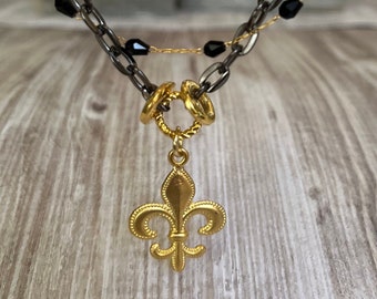 Multi layer,two tone necklace with gold fleur de lis pendant, gunmetal  and black beaded chain necklace,fleur de lis charm necklace