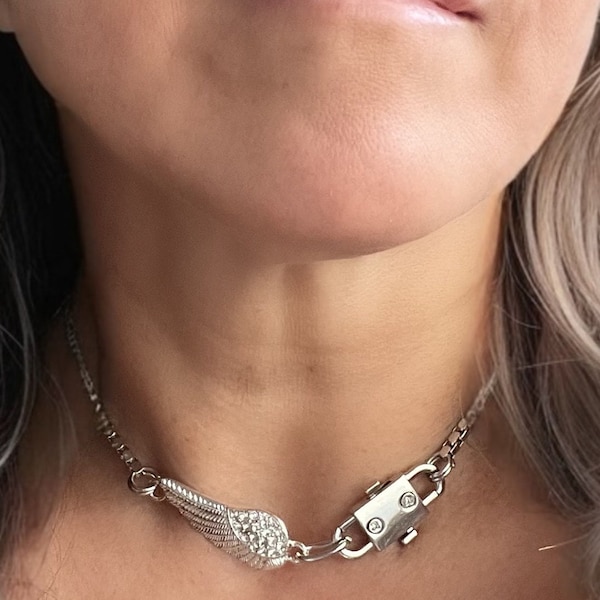 Angel Wing necklace, pave angel wing, pave wing pendant,chunky silver chain,spiritual necklace,all silver choker with wing,padlock necklace