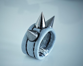 EDWARD pale blue + silver spiked vegan leather unisex statement ring