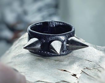 LYDIA black + silver spiked vegan leather unisex statement ring