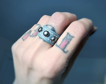 ICE DANCE pale blue + silver vegan leather unisex statement ring