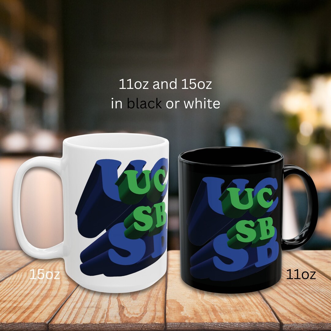 U C Santa Barbara 11 or 15oz Coffee Mug, UCSB Logo Mug in Black or